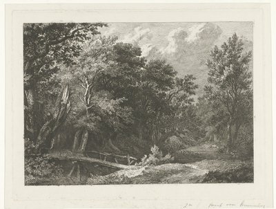 Widok na las z drewnianym mostem autorstwa Constantinus Cornelis Huysmans