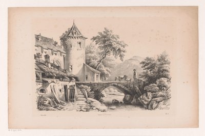 Domy i most w górskim krajobrazie Krajobraz (tytuł serii) autorstwa Constantinus Cornelis Huysmans