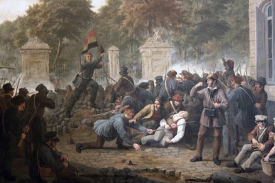 Rewolucyjna barykada naprzeciw Parku Brukselskiego podczas walk między belgijskimi rebeliantami a siłami holenderskimi w 1830 r autorstwa Constantinus Fidelio Coene
