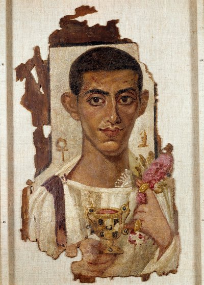 Starożytny Egipt: portret Ammoniosa: przedstawienie mężczyzny trzymającego złotą kantarę wzbogaconą szmaragdami i napełnioną winem, która identyfikuje go jako Dionizosa. W lewej ręce złotych rycerzy wianek z róż, symbol odrodzenia, tuż przy jego głowie, autorstwa Coptic