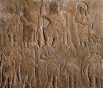 Płaskorzeźba przedstawiająca deifikowanego cesarza rzymskiego otrzymującego hołd od egipskich nomadów autorstwa Coptic