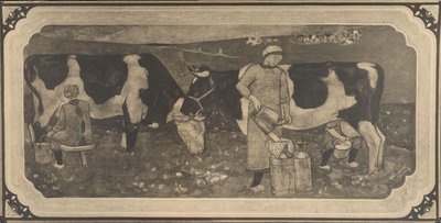Reprodukcja fotografii projektu przedstawiającego wieśniaczki i krowy do witrażu autorstwa Richarda Rolanda Holsta autorstwa Cornelis Albertus Deul