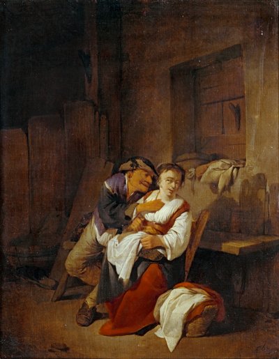 Stary mężczyzna siłujący się z młodą kobietą we wnętrzu ... autorstwa Cornelis Bega