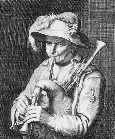 Człowiek grający na dudach, XVII wiek. autorstwa Cornelis Bloemaert