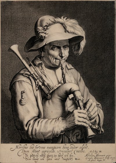 Mężczyzna grający na dudach (grafika) autorstwa Cornelis Bloemaert
