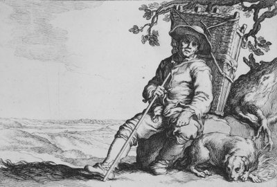 Podróżnik z psem, z cyklu Szesnaście chłopskich poddanych, XVII wiek. autorstwa Cornelis Bloemaert