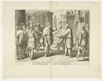 Karel V laat een klooster bouwen, 1555, nr. 8 Scenes uit het leven van Karel V (tytuł serii) Życie cesarza Karola V w przepięknych wklęsłodrukach, wyrytych według wzorów słynnego A. Tempeste, przez dwóch najzdolniejszych mistrzów J. de Gein i autorstwa Cornelis Boel