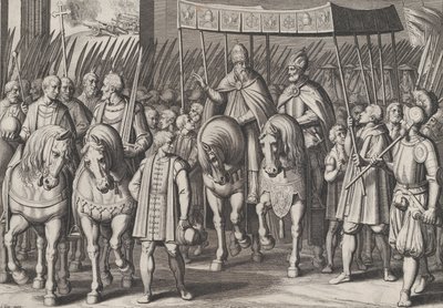 Ilustracja 3: Karol V koronowany cesarz wkraczający do Rzymu z papieżem, od triumfów Karola..., 1614. autorstwa Cornelis Boel