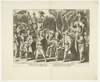Triomfwagen van Karel V en Ferdinand, na de bevrijding van Wenen van de Turken, ca. 1532, nr. 7 Scenes uit het leven van Karel V (tytuł serii) Życie cesarza Karola V. w przepięknych wklęsłodrukach, wygrawerowanych według wzorów słynnego A. Tempesta autorstwa Cornelis Boel