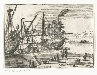 Widok na port z dwoma żaglowcami i galeonem, dwóch mężczyzn stojących na nabrzeżu Krajobrazy i marines (tytuł serii) autorstwa Cornelis Bol (attributed to)