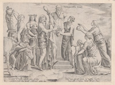 Lustro rzymskiej wspaniałości: Osiem kobiet składających ofiary Priapowi, XVI w., XVI w. autorstwa Cornelis Bos.