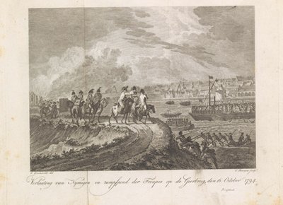 Francuzi ostrzelają uciekające wojska na Gierbrug, 1794 Porzucenie Nymegen i katastrofa trup na moście Sępów, 16 października 1794 (tytuł na obiekcie) autorstwa Cornelis Brouwer