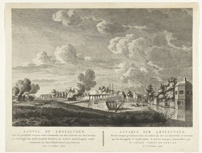 Wojska pruskie atakują Amstelveen bronione przez amsterdamskich bandytów 1 października 1787 r. Atak na Amstelveen... 1 października 1787 (tytuł na obiekcie) Attaque sur Amstelveen ... le 1er. październik 1787 (tytuł na obiekcie) autorstwa Cornelis Brouwer