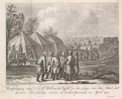Wilhelm V z synami w obozie wojskowym, 1794 Konsultacje Z.D.H. Wilhelm Piąty, w Armii Stanu, ze swoimi pogodnymi synami i innymi generałami, kwiecień 1794 (tytuł na obiekcie) autorstwa Cornelis Brouwer