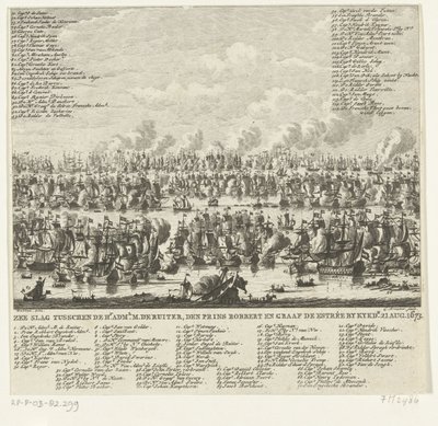 Bitwa pod Kijkduin, 1673 Bitwa morska pomiędzy hr. Admin. Pan de Ruiter, książę Robbert i hrabia de Estrée przez Kykdn. 21 sierpnia 1673 (tytuł na obiekcie) autorstwa Cornelis Brouwer