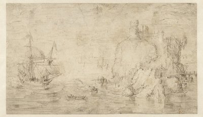Pejzaż morski ze statkiem w pobliżu wyspy autorstwa Cornelis Claesz van Wieringen (attributed to)