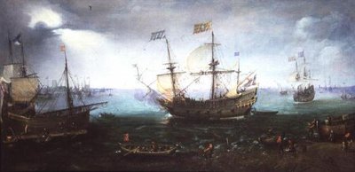 Trzech mistrzów salutujących na Maasie w Dordrecht autorstwa Cornelis Claesz  van Wieringen