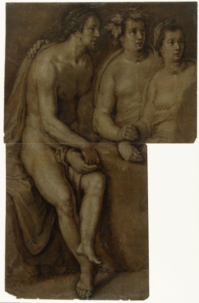 Połowa etiudy siedzącego nagiego mężczyzny i dwóch kobiet autorstwa Cornelis Cornelisz. van Haarlem