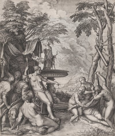 Diana odkrywa ciążę Callisto, 1566. autorstwa Cornelis Cort