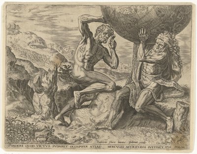 Hercules niesie kulę ziemską dla Atlas Prace Herkulesa (tytuł serii) autorstwa Cornelis Cort