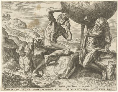 Hercules niesie kulę ziemską dla Atlas Prace Herkulesa (tytuł serii) autorstwa Cornelis Cort