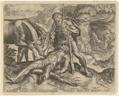 Herkules karmi Diomedesa swoimi końmi Prace Herkulesa (tytuł serii) autorstwa Cornelis Cort