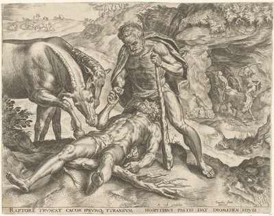 Herkules karmi Diomedesa swoimi końmi Prace Herkulesa (tytuł serii) autorstwa Cornelis Cort