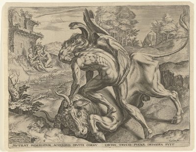 Herkules zmaga się z Achelousem Prace Herkulesa (tytuł serii) autorstwa Cornelis Cort