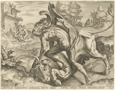 Herkules zmaga się z Achelousem Prace Herkulesa (tytuł serii) autorstwa Cornelis Cort