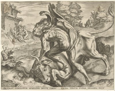 Herkules zmaga się z Achelousem Prace Herkulesa (tytuł serii) autorstwa Cornelis Cort
