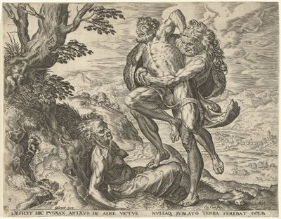 Herkules zmaga się z Antaeusem Prace Herkulesa (tytuł serii) autorstwa Cornelis Cort