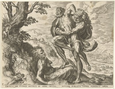 Herkules zmaga się z Antaeusem Prace Herkulesa (tytuł serii) autorstwa Cornelis Cort