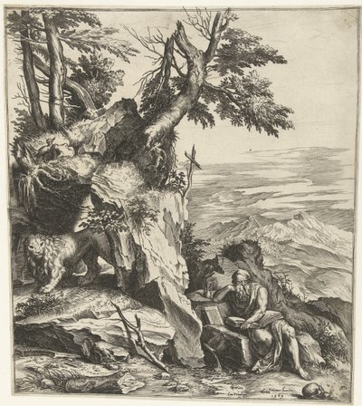 Krajobraz z czytaniem Hieronim autorstwa Cornelis Cort