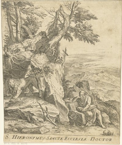 Krajobraz z czytaniem Hieronim autorstwa Cornelis Cort