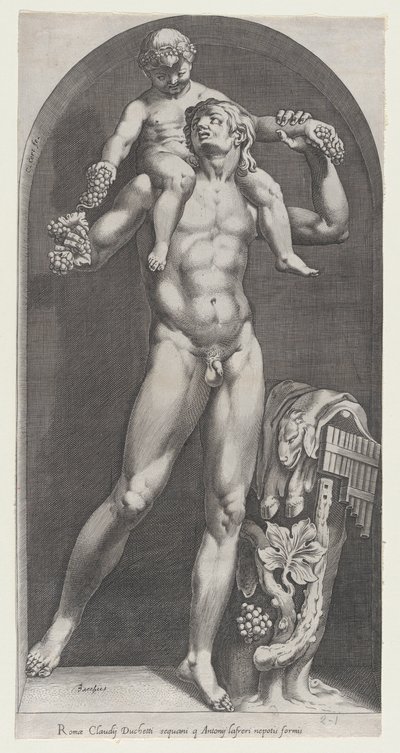 Lustro rzymskiej świetności: Bachus na ramionach satyra, XVI w., XVI w. autorstwa Cornelis Cort