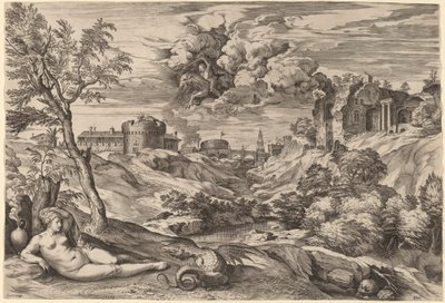 Krajobraz z Rogerem Liberating Angelica autorstwa Cornelis Cort after Titian