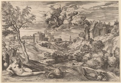 Krajobraz z Rogerem Liberating Angelica autorstwa Cornelis Cort after Titian