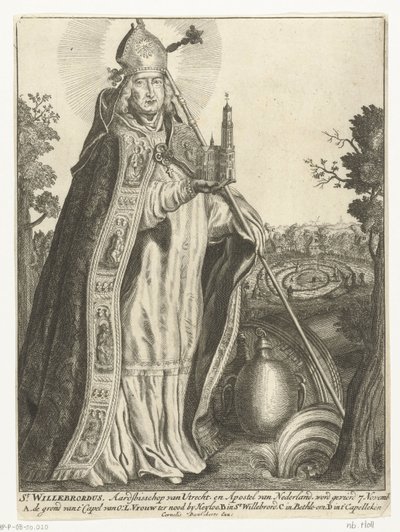 Św. Willibrord jako arcybiskup z modelem kościoła Dom w Utrechcie St. Willebrord (tytuł na obiekcie) autorstwa Cornelis Danckerts (I)