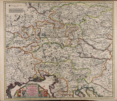 Ducatus Stiriae et Carintiae Carniolae Cilleiae que comitatus nova tabula que et pars est meridionalior circuli Austriaci autorstwa Cornelis Danckerts