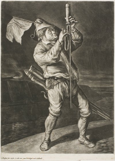 Człowiek zapalający rakietę, zwany także Pokój jest lepszy niż zwycięstwo, od Communia Gaudia (Szeroka radość z oblężenia Namur) autorstwa Cornelis Dusart