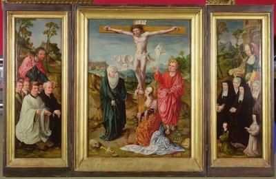 Tryptyk Ukrzyżowania: Św. Barbara z Darczyńcami (prawe skrzydło); św. Jakuba Większego z Darczyńcami (lewe skrzydło); Ukrzyżowanie (w środku) autorstwa Cornelis Engebrechtsz