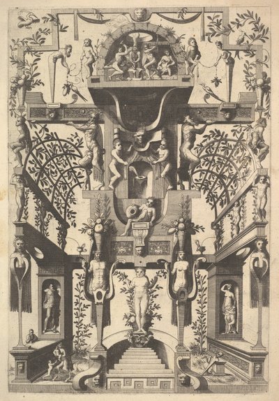 Fantastyczna struktura architektoniczna z strapworkami i dwiema pergolami oraz małą sceną z Vu..., 1557. autorstwa Cornelis Floris Ii