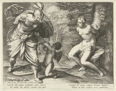 Wenus przywiązana do drzewa i Amor ukarany przez Minerwę autorstwa Cornelis Galle (I)