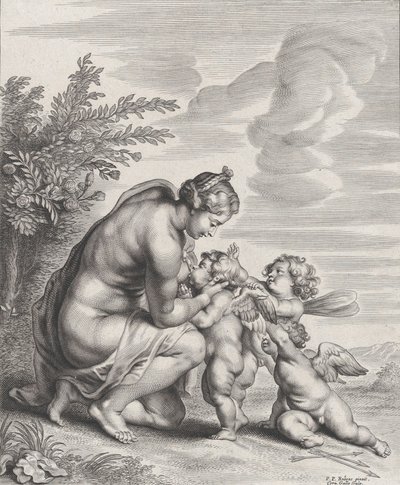 Wenus pielęgnująca trzy amorki w krajobrazie, ca. 1627-78. autorstwa Cornelis Galle II