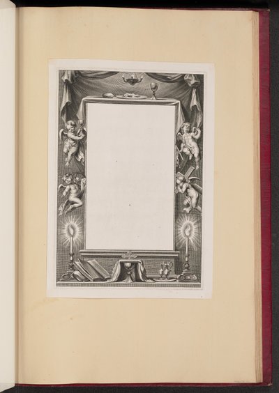 Ilustracja z obramowaniem z Putti trzymającym atrybuty pasji autorstwa Cornelis Galle I