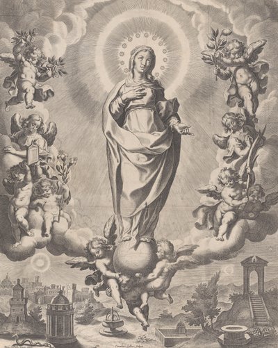 Dziewica w chwale, stojąca na obłokach i otoczona aniołami trzymającymi symbole ..., 1595-1633. autorstwa Cornelis Galle I