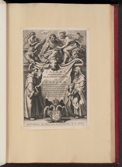 Strona tytułowa dla Balthasar Cordier, Łańcuch Sześćdziesięciu Qvinqve Graecorvm Patrvm w S. Lvcam... autorstwa Cornelis Galle I after Sir Peter Paul Rubens