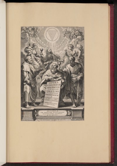 Strona tytułowa „Dzieła św. Dionizego Areopagity I” Baltazara Cordiera autorstwa Cornelis Galle I after Sir Peter Paul Rubens