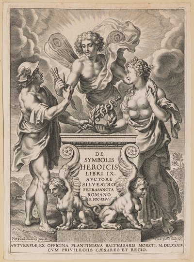 Strona tytułowa dla Silvester Pietrasanta, O heroicznych symbolach autorstwa Cornelis Galle I after Sir Peter Paul Rubens