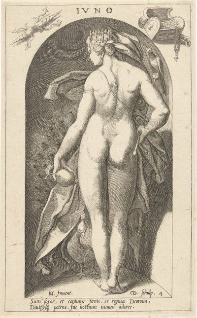 Juno z pawiem Iwno (tytuł na obiekcie) Starożytni bogowie (tytuł serii) autorstwa Cornelis Jacobsz. Drebbel